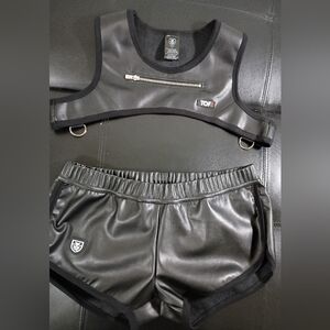 TOF Black Faux Leather Crop Top and Shorts Set